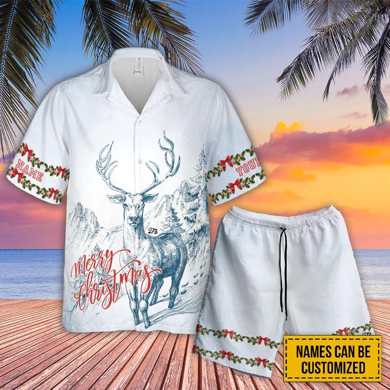 Deer Custom Name Aloha Hawaiian Shirts For Summer, Merry Christmas Sketch Art Personalized Hawaiian Set For Men Women, Gift For Deer Lovers, Friend - Amzanimalsgift