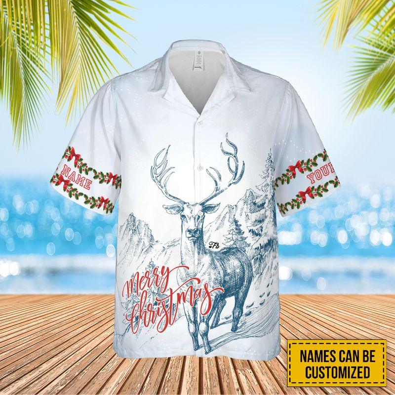 Deer Custom Name Aloha Hawaiian Shirts For Summer, Merry Christmas Sketch Art Personalized Hawaiian Set For Men Women, Gift For Deer Lovers, Friend - Amzanimalsgift