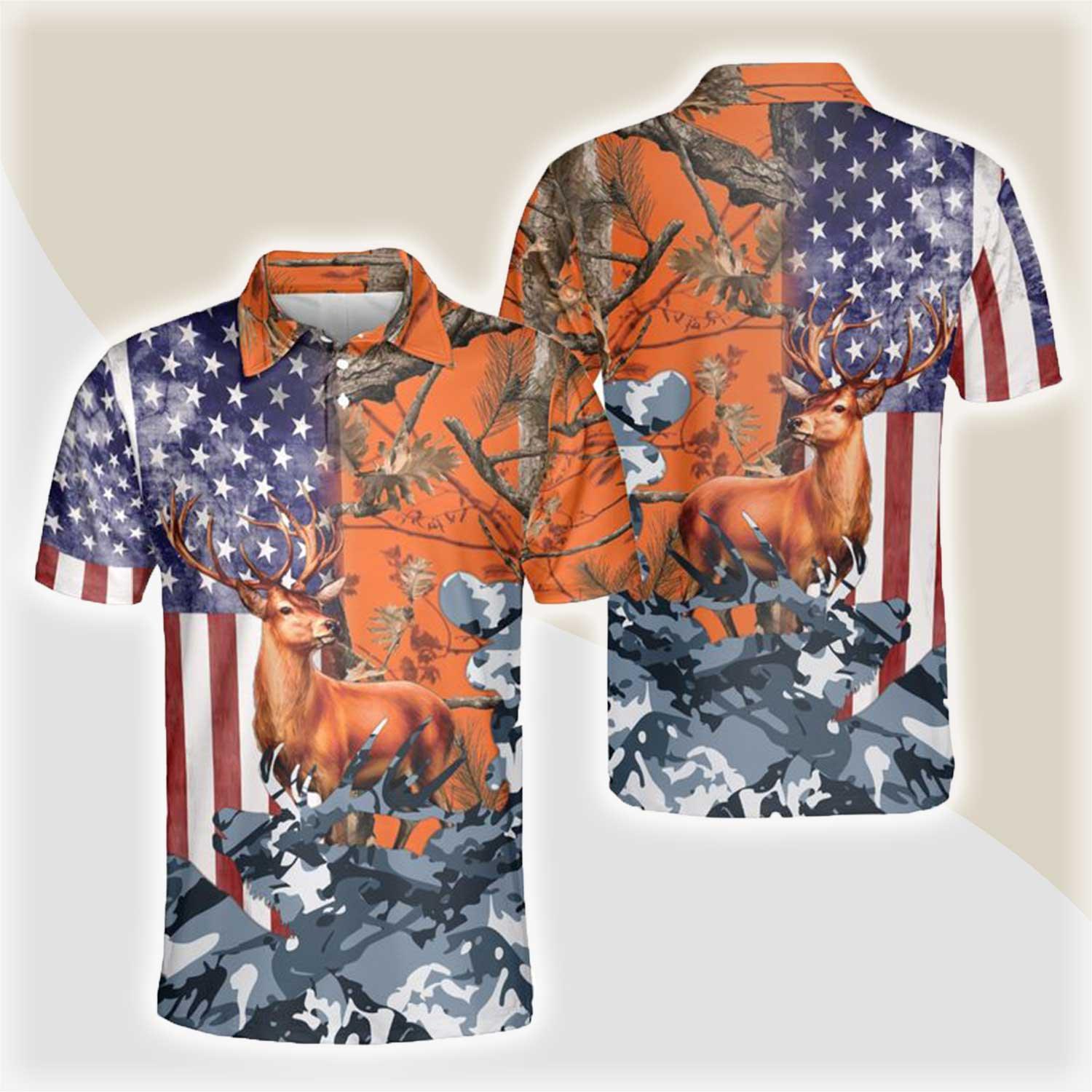 Deer Hunting Men Polo Shirts, American Flag Polo Golf Shirts, Camo Pattern Blue Orange Polo Shirt For Men - Amzanimalsgift