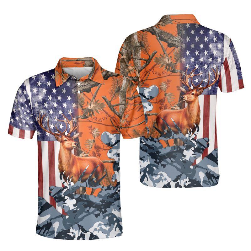 Deer Hunting Men Polo Shirts, American Flag Polo Golf Shirts, Camo Pattern Blue Orange Polo Shirt For Men - Amzanimalsgift