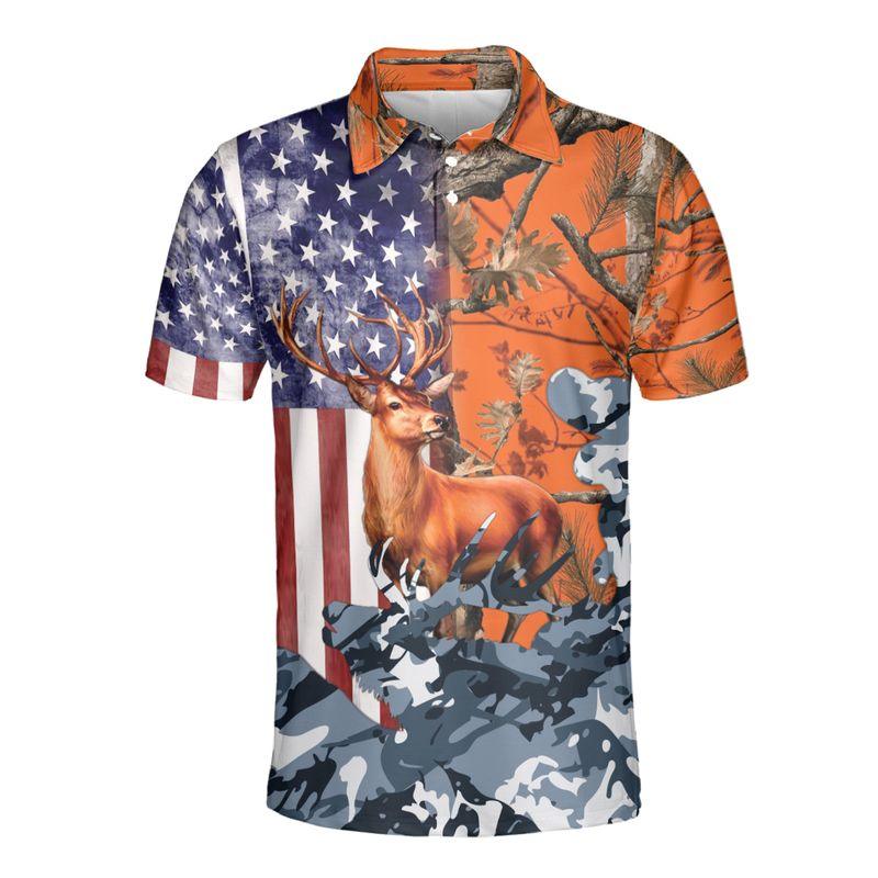 Deer Hunting Men Polo Shirts, American Flag Polo Golf Shirts, Camo Pattern Blue Orange Polo Shirt For Men - Amzanimalsgift