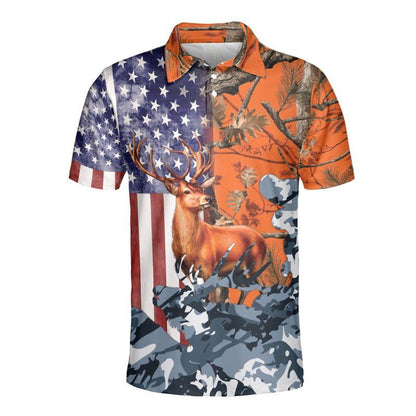 Deer Hunting Men Polo Shirts, American Flag Polo Golf Shirts, Camo Pattern Blue Orange Polo Shirt For Men - Amzanimalsgift