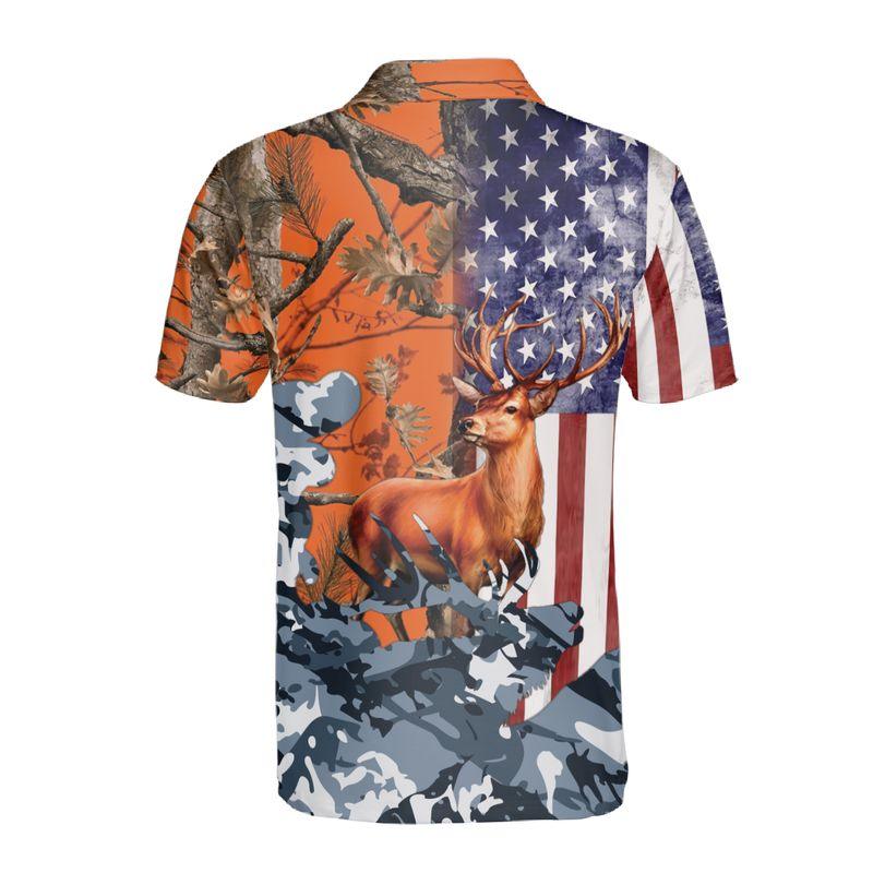 Deer Hunting Men Polo Shirts, American Flag Polo Golf Shirts, Camo Pattern Blue Orange Polo Shirt For Men - Amzanimalsgift
