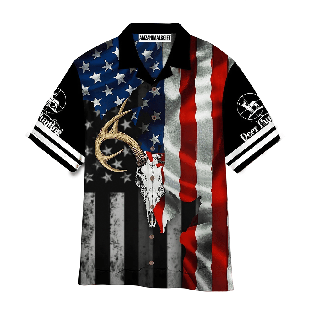 Deer Skull American Flag Black Blue And Red Aloha Hawaiian Shirts For Men Women, 4th July Gift For Summer, Friend, Family, Independence Day - Amzanimalsgift