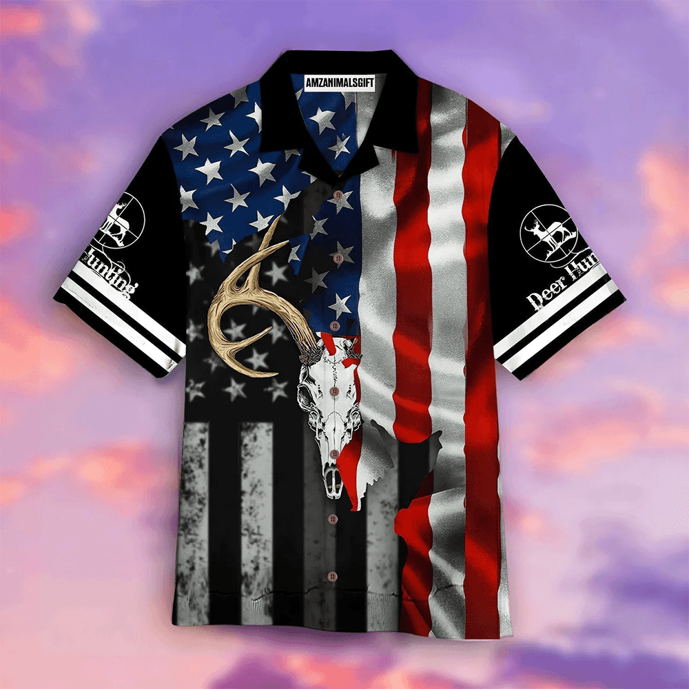 Deer Skull American Flag Black Blue And Red Aloha Hawaiian Shirts For Men Women, 4th July Gift For Summer, Friend, Family, Independence Day - Amzanimalsgift