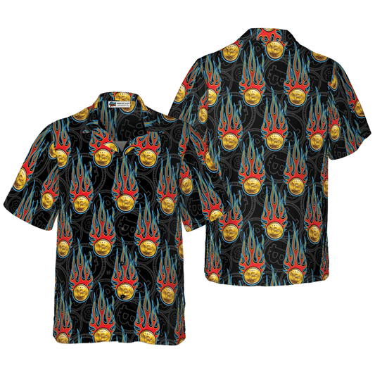 Digital Bitcoin Crypto Currency Pattern With Hotrod Flame Aloha Hawaiian Shirt For Summer, Colorful Hawaiian Shirt Outfit For Men Women, Friend, Team - Amzanimalsgift