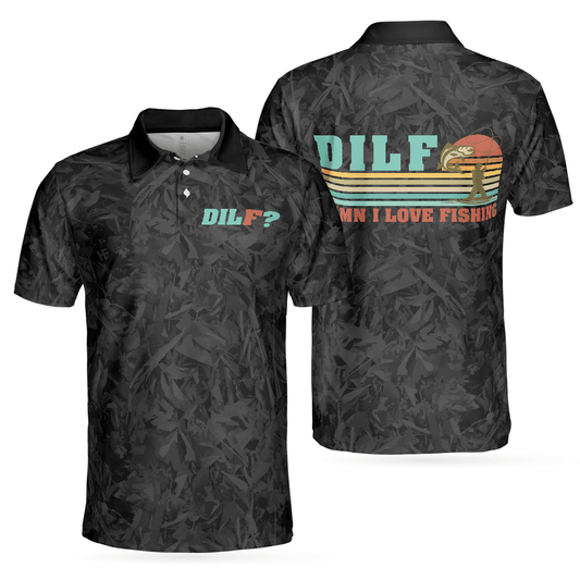 DILF Damn I Love Fishing Polo Shirt, Short Sleeve Black Fishing Shirt For Men, Best Gift For Men, Gift For Fishing Lovers - Amzanimalsgift