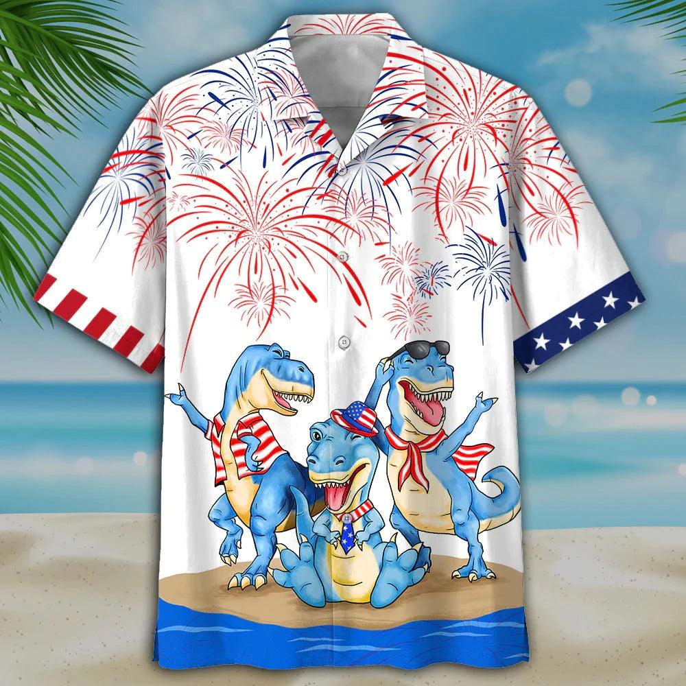 Dinosaur Aloha Hawaiian Shirts For Summer, Happy Independence Day USA Flag Aloha Hawaiian Shirt For Men Women, Fourth July Gift For Dinosaur Lovers - Amzanimalsgift