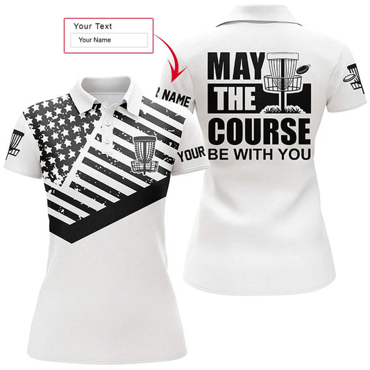 Disc Golf Custom Name Women Polo Shirt, Black White American Flag Personalized Women Polo Shirts, Gift For Disc Golf Lover, May The Course Be With You - Amzanimalsgift