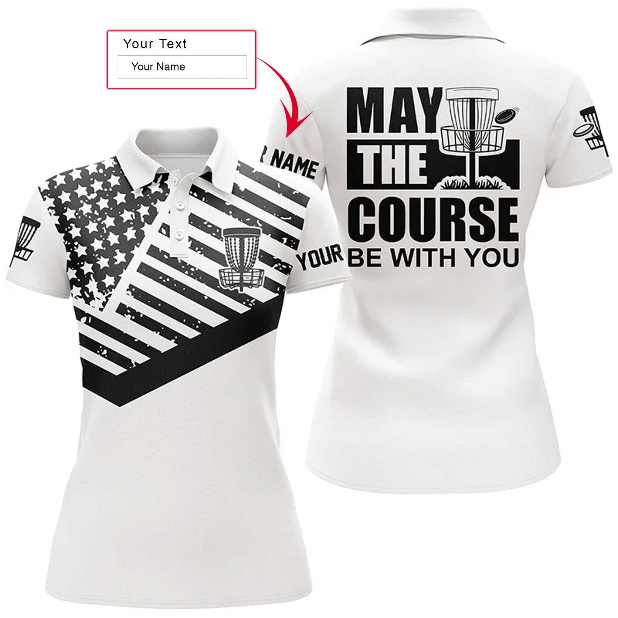 Disc Golf Custom Name Women Polo Shirt, Black White American Flag Personalized Women Polo Shirts, Gift For Disc Golf Lover, May The Course Be With You - Amzanimalsgift