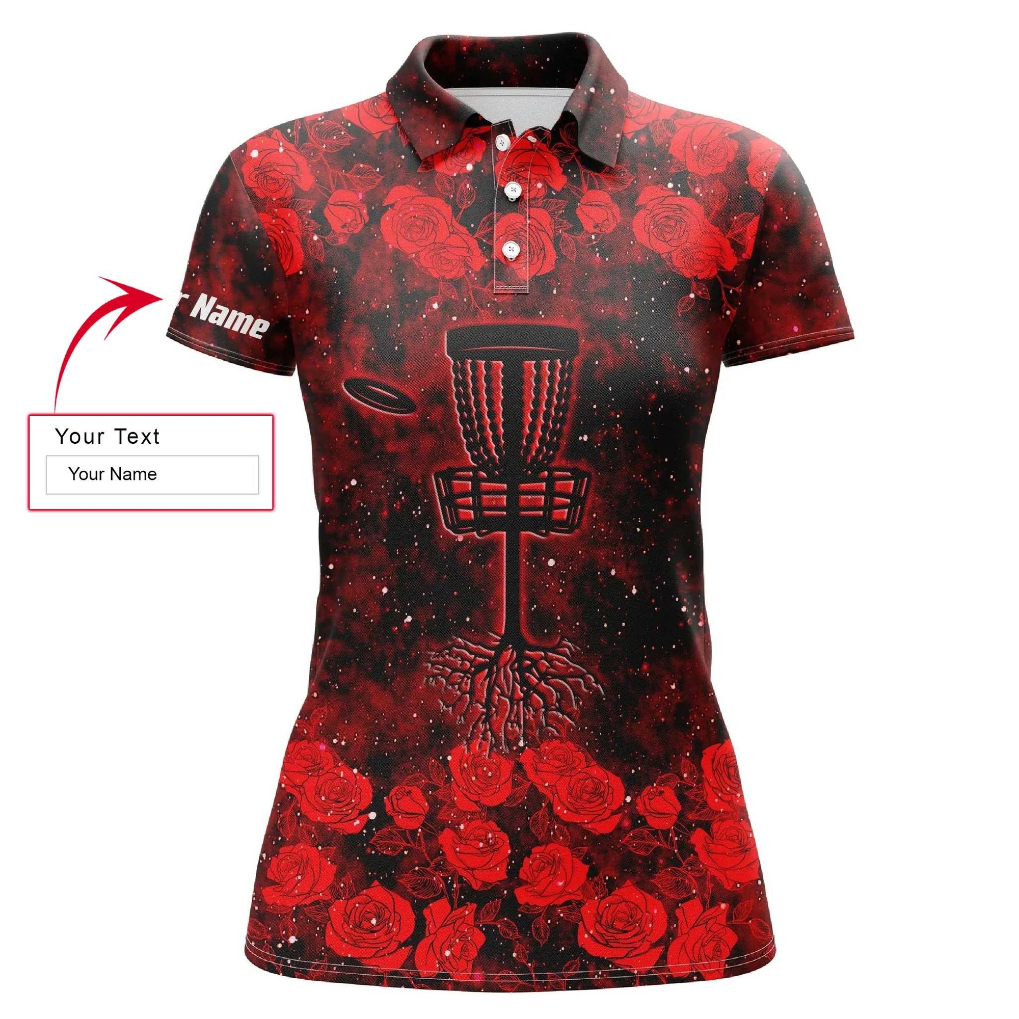 Disc Golf Custom Name Women Polo Shirt, Red Roses Pattern Disc Golf Basket Personalized Women Polo Shirts, Gift For Ladies, Disc Golf Lovers - Amzanimalsgift