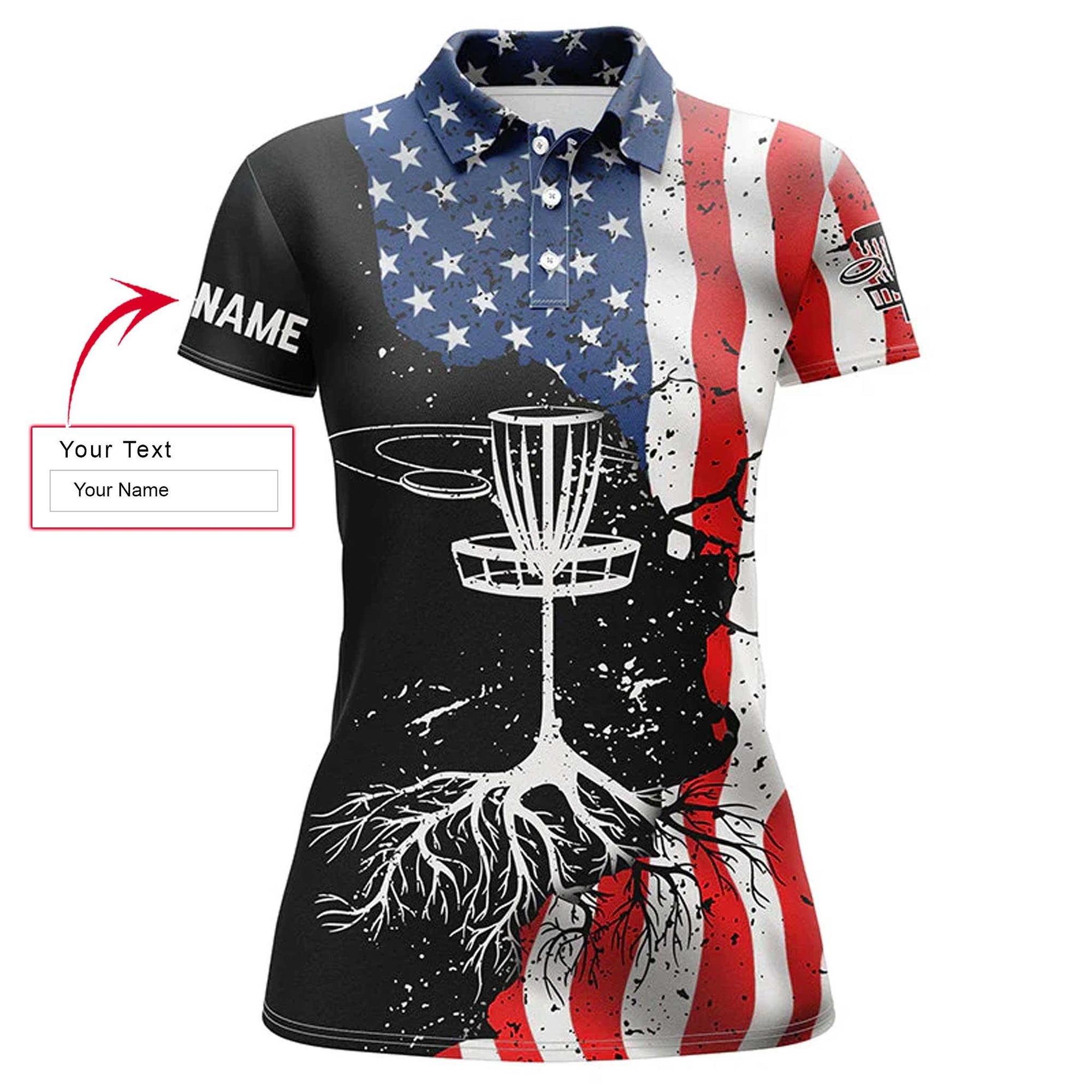 Disc Golf Custom Name Women Polo Shirt, Vintage American Flag Patriotic Personalized Women Polo Shirts, Gift For Ladies, Disc Golf Lovers - Amzanimalsgift