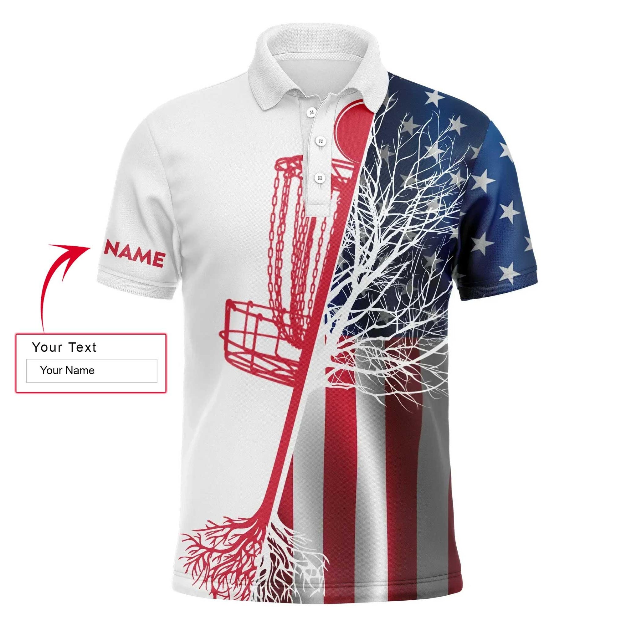 Disc Golf Men Polo Shirt - American Flag Disc Golf Basket Custom Name Apparel - Personalized Gift For Disc Golf Lover, Team, 4th July, Patriotic - Amzanimalsgift