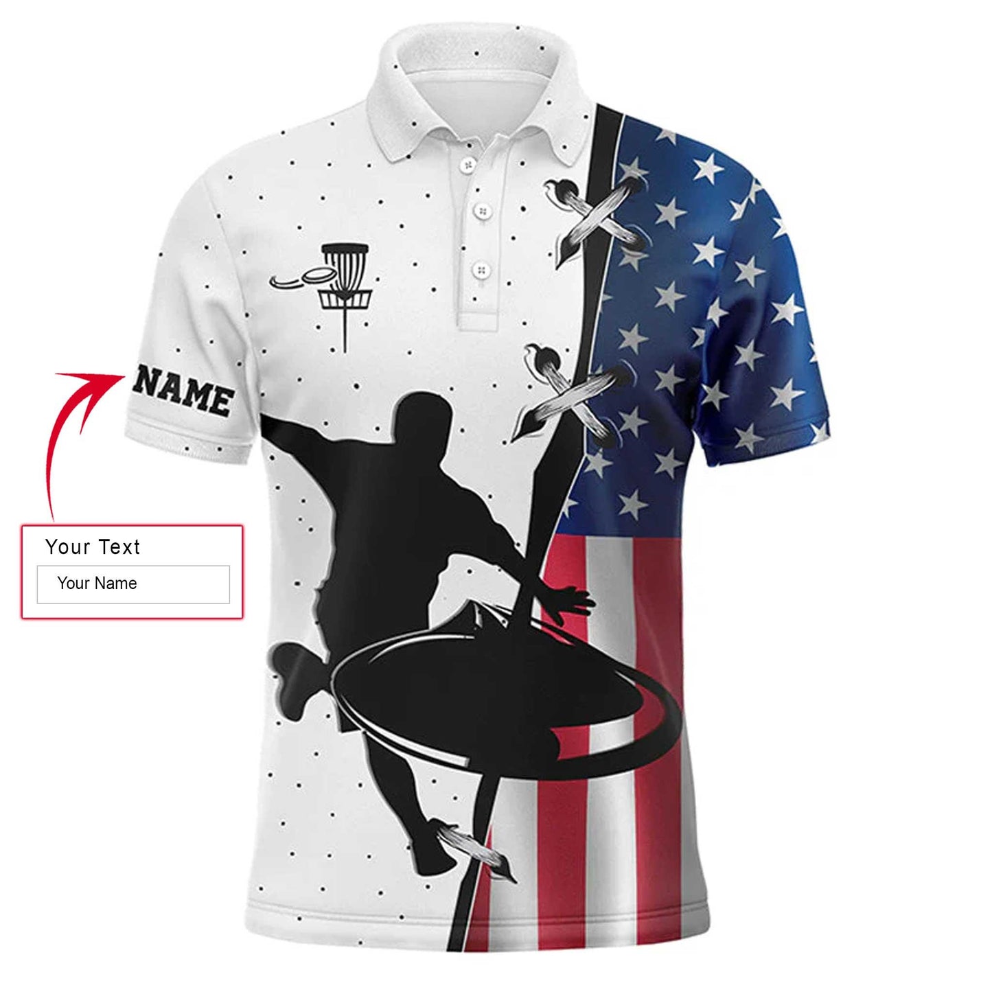 Disc Golf Men Polo Shirt - Custom Name American Flag Apparel - Personalized Gift For Disc Golf Lover, Men, Husband, Team, Patriot, Independence Day - Amzanimalsgift