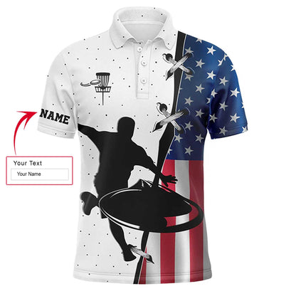 Disc Golf Men Polo Shirt - Custom Name American Flag Apparel - Personalized Gift For Disc Golf Lover, Men, Husband, Team, Patriot, Independence Day - Amzanimalsgift