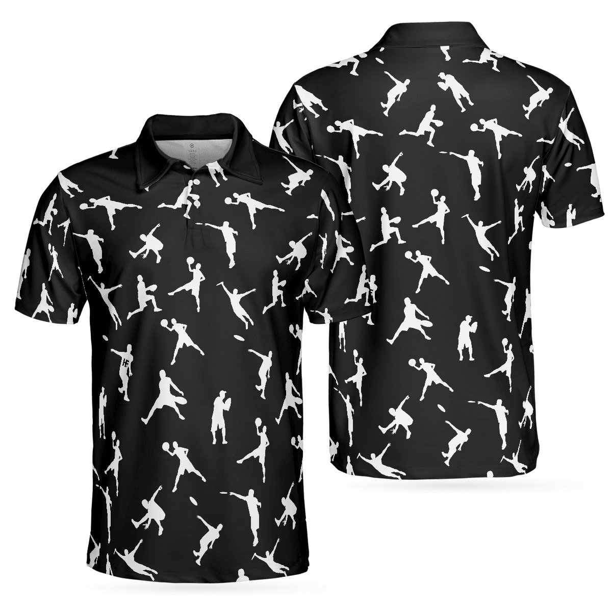 Disc Golf Men Polo Shirt - Silhouette Playing Disc Golf Polo Shirt, Black And White Disc Golfer Pattern Polo Shirt, Disc Golf Shirt For Men - Amzanimalsgift