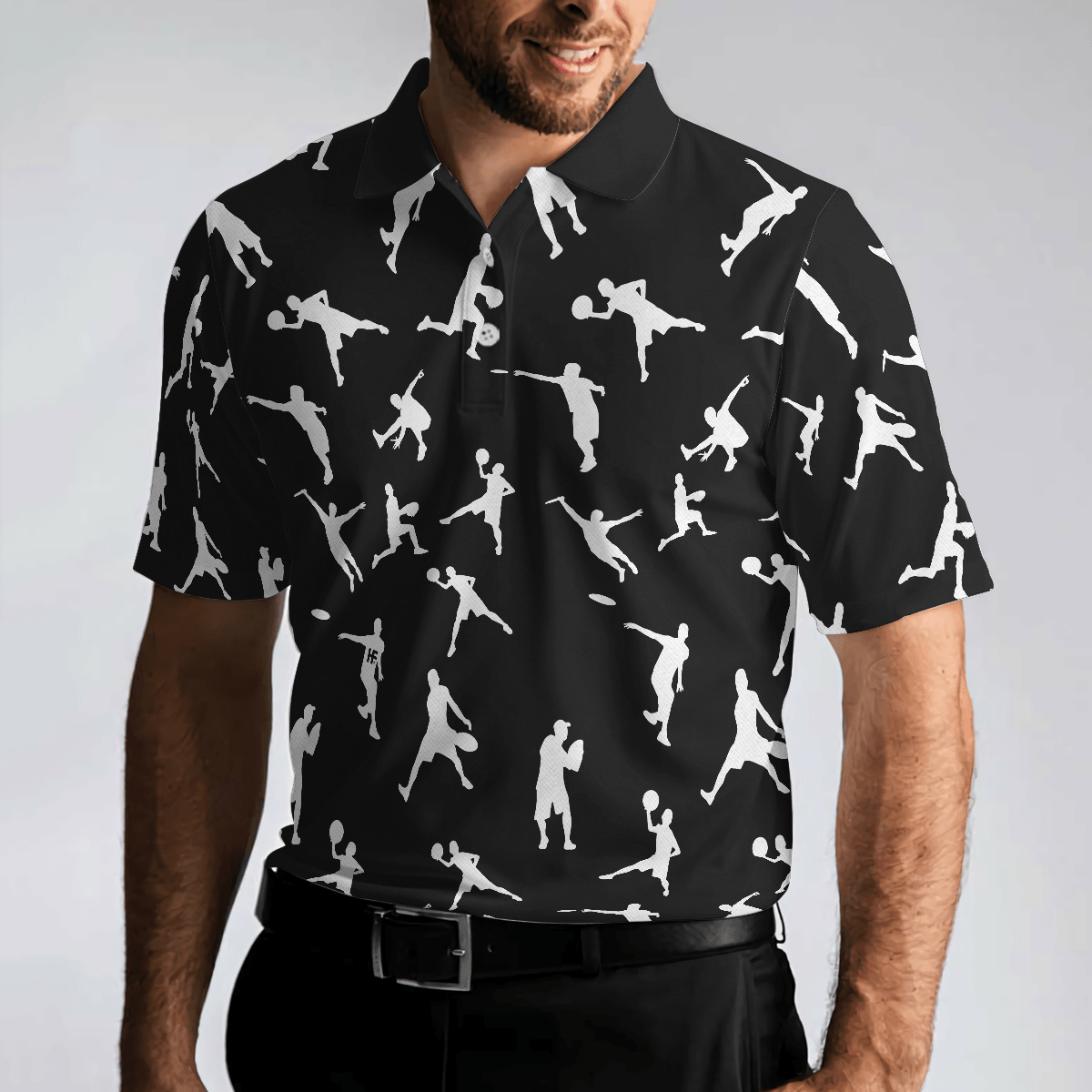 Disc Golf Men Polo Shirt - Silhouette Playing Disc Golf Polo Shirt, Black And White Disc Golfer Pattern Polo Shirt, Disc Golf Shirt For Men - Amzanimalsgift