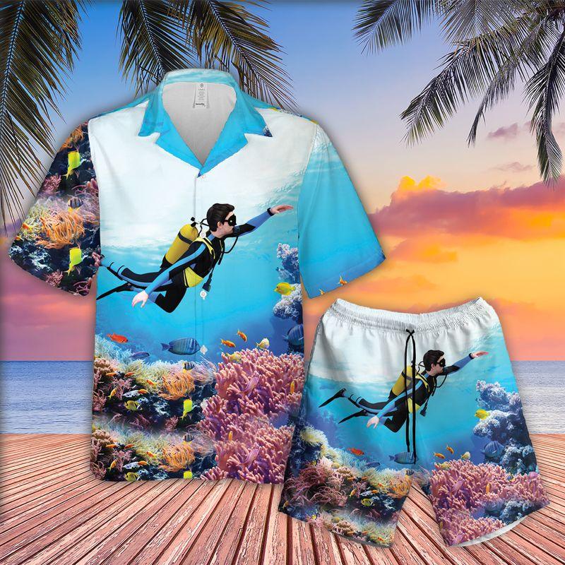 Diving Aloha Hawaiian Shirts For Summer, Underwater Coral Reef Hawaiian Set Holiday Outfit For Men Women, Gift For Friend, Diving Lovers, Team, Family - Amzanimalsgift