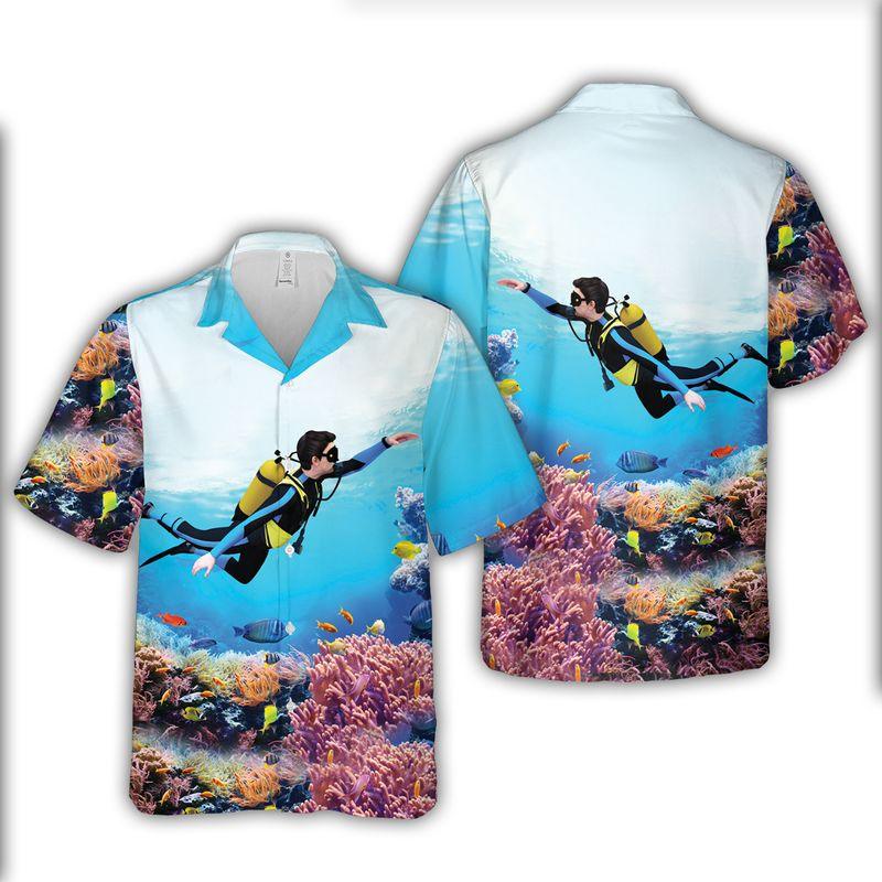 Diving Aloha Hawaiian Shirts For Summer, Underwater Coral Reef Hawaiian Set Holiday Outfit For Men Women, Gift For Friend, Diving Lovers, Team, Family - Amzanimalsgift