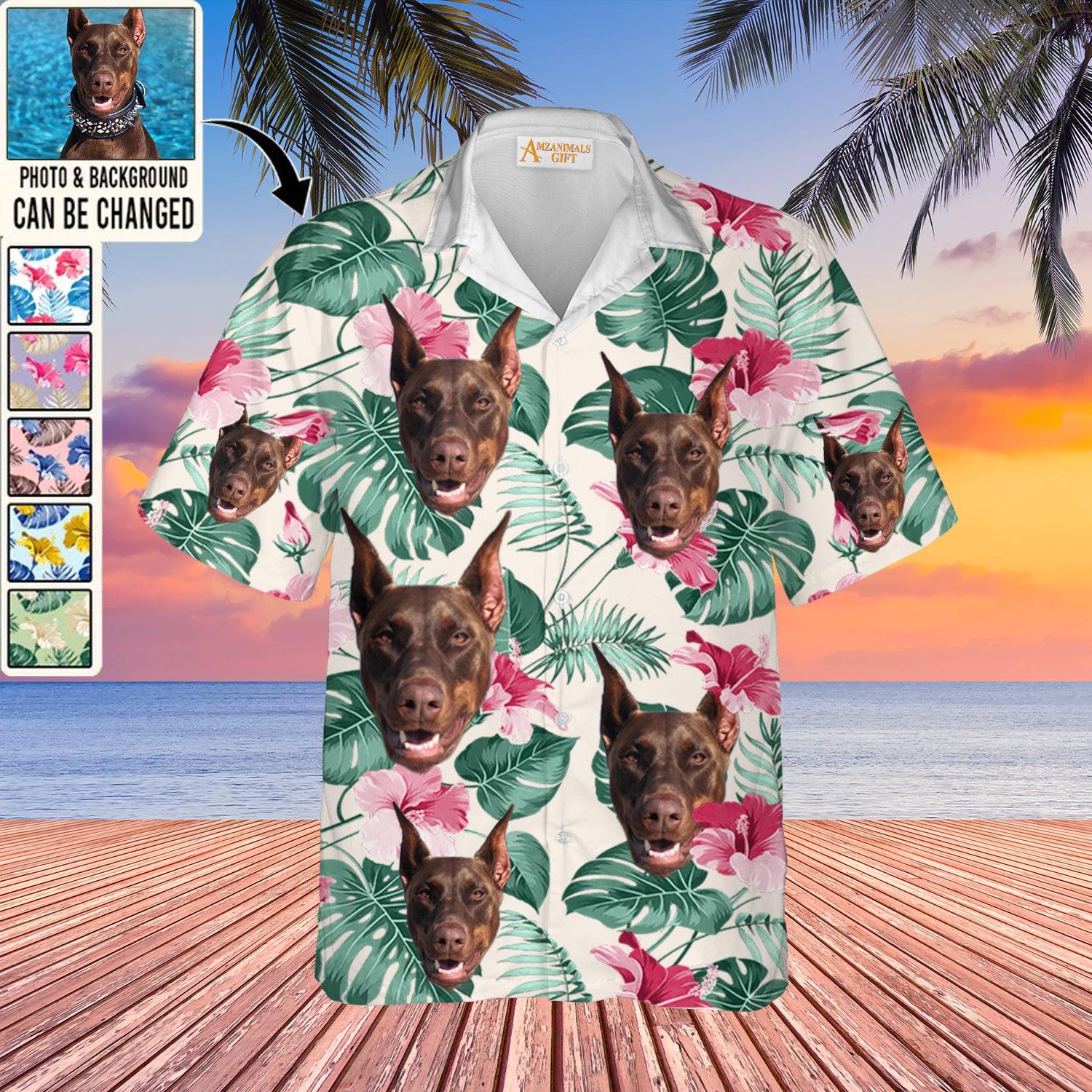 Doberman Face Custom Aloha Hawaii Shirt - Dog Custom Photo With Tropical Pattern Personalized Hawaiian Shirt - Perfect Gift For Dog Lovers, Friend, Family - Amzanimalsgift