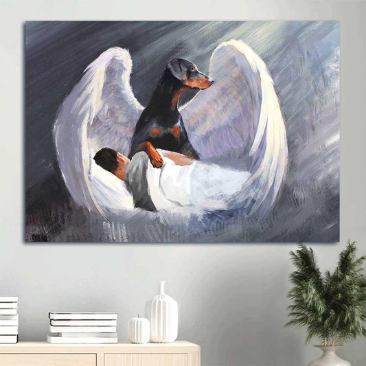 Doberman Landscape Canvas- Sleeping man, Doberman, Beautiful Wings, I'll protect you- Gift for dog lover - Dog Landscape Canvas Prints, Wall Art - Amzanimalsgift