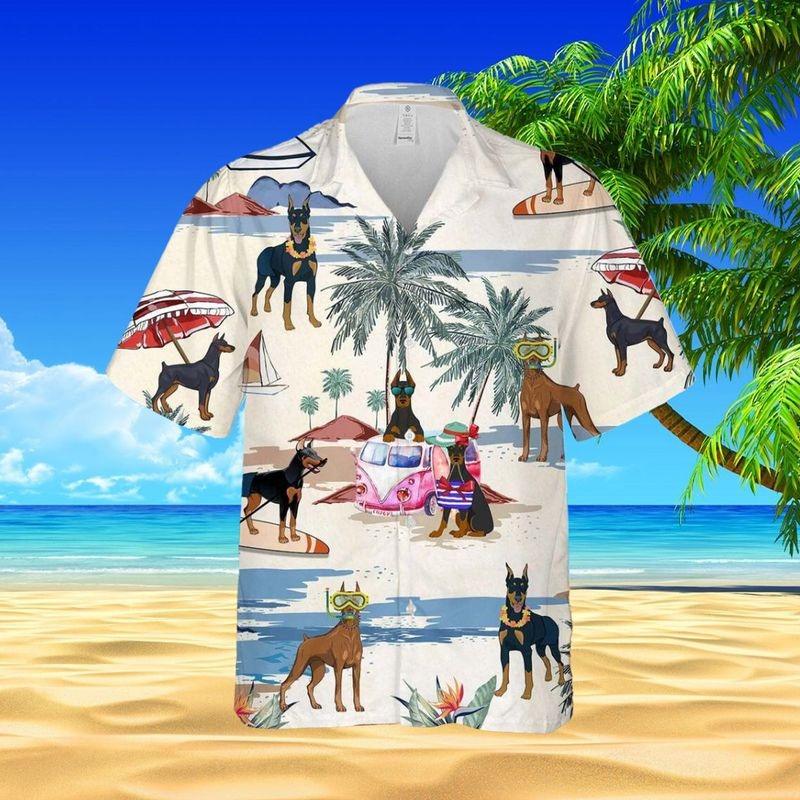 Doberman Pinscher Aloha Hawaiian Shirt - Doberman Pinscher In Beach Hawaiian Shirt, Tropical Leaves Hawaiian Shirt For Men & Women, Doberman Pinscher Lover - Amzanimalsgift