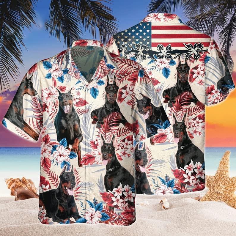 Dobermann Aloha Hawaiian Shirts For Summer, Dobermann Tropical Independence Day USA Flag Hawaiian Shirt For Men Women, 4th of July Gift For Dog Lovers - Amzanimalsgift
