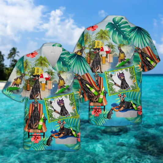 Dobermann Hawaiian Shirt, Dog Surfing Hawaiian Shirt, Tropical Summer Aloha Shirt For Men - Perfect Gift For Dobermann Lovers, Friend, Family - Amzanimalsgift