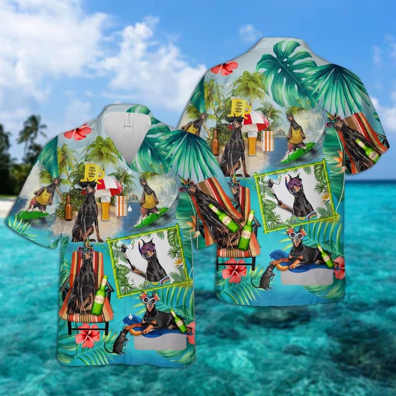 Dobermann Hawaiian Shirt, Dog Surfing Hawaiian Shirt, Tropical Summer Aloha Shirt For Men - Perfect Gift For Dobermann Lovers, Friend, Family - Amzanimalsgift
