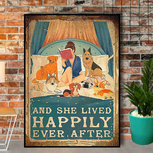 Dog & Book Portrait Canvas - Dog And Book And She Lived Happily Ever After Vintage Portrait Canvas - Gift For Wife, Girlfriend, Friends, Dog Lovers - Amzanimalsgift