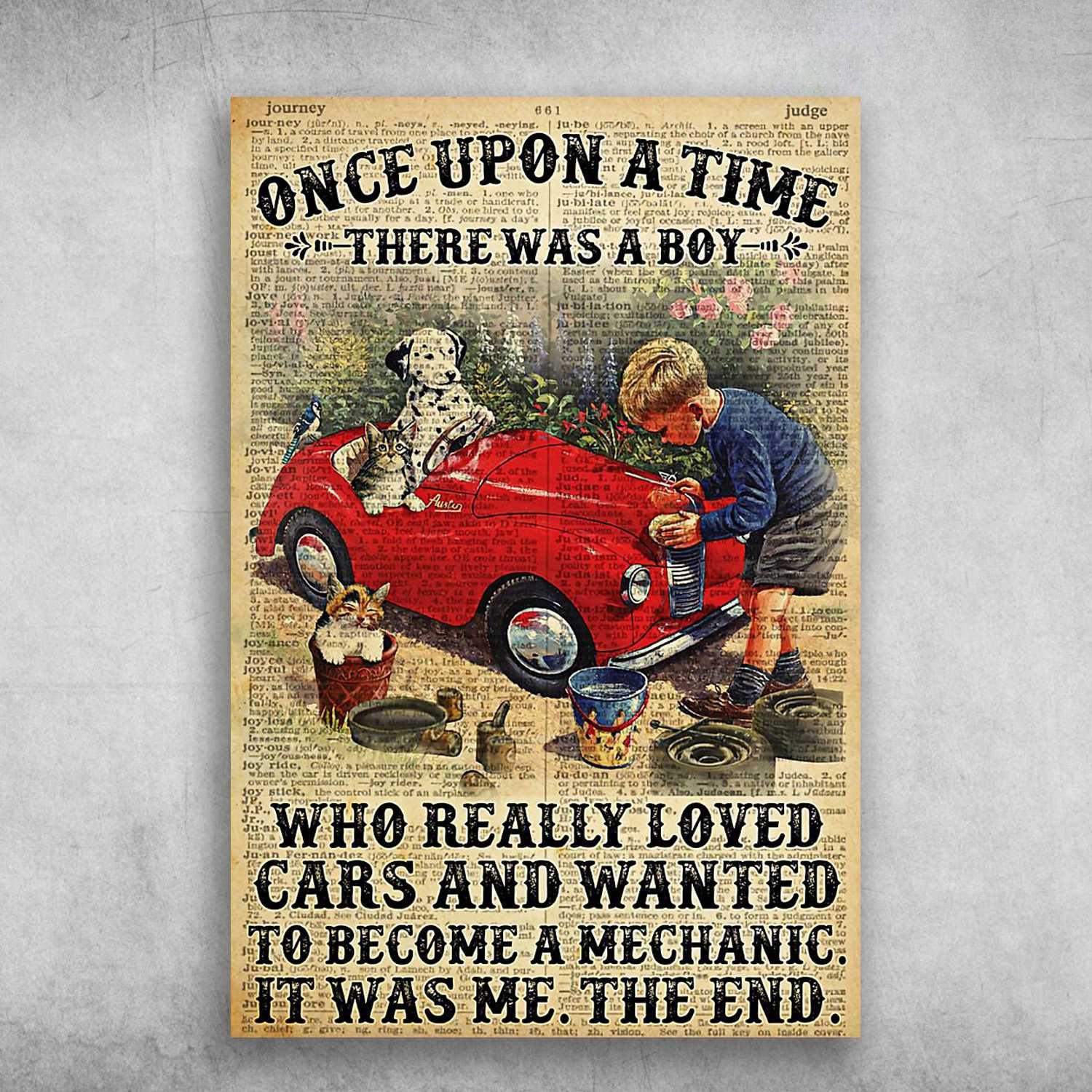 Dog, Cat And Cars Portrait Canvas - Once Upon A Time There Was A Boy Who Really Loved Cars Portrait Canvas - Gift For Son, Family, Friends, Dog Lovers - Amzanimalsgift