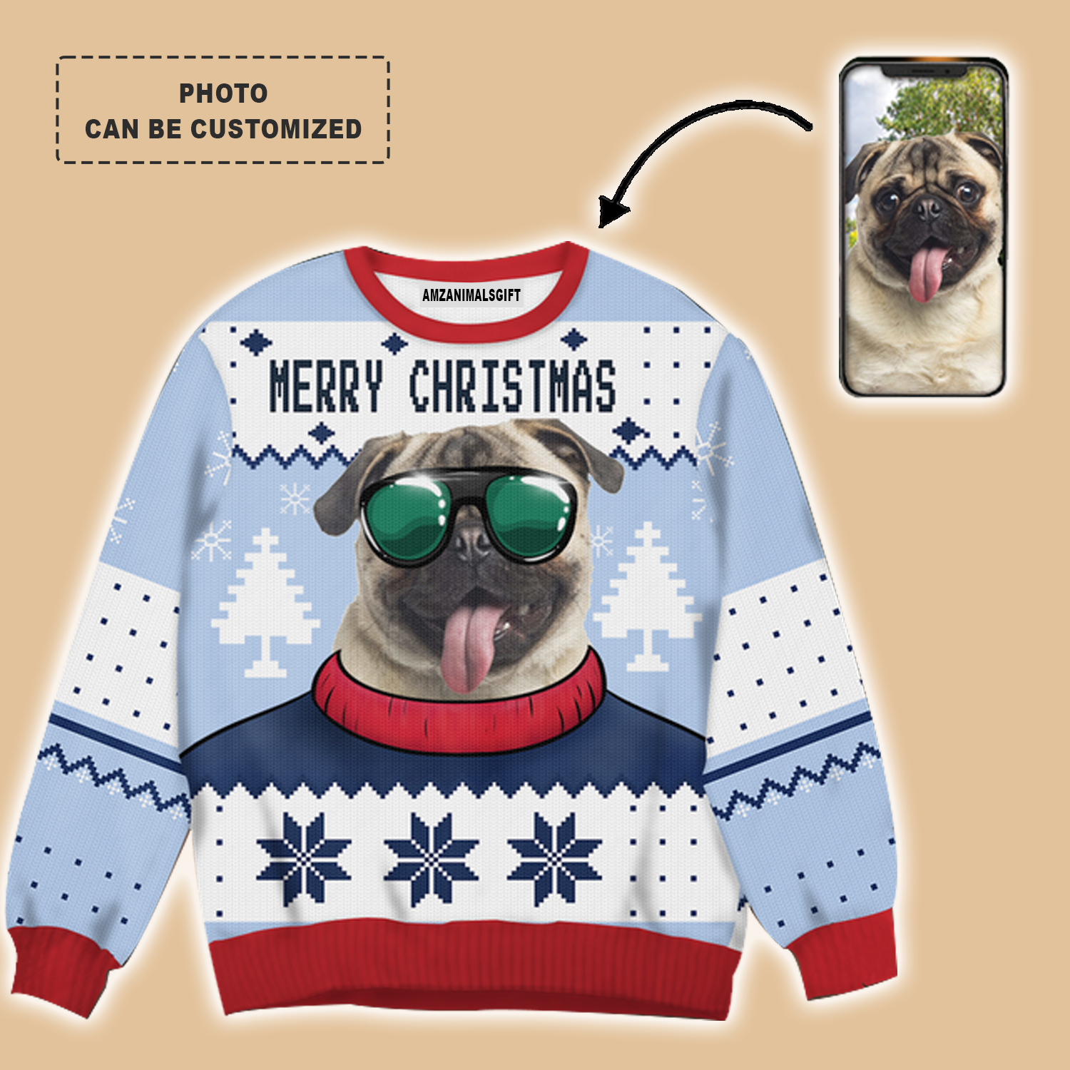 Dog Cat Pet Lovers Ugly Christmas Sweater Merry Christmas With Customized Photo For Men Women On Christmas, New Year, Autumn, Winter
