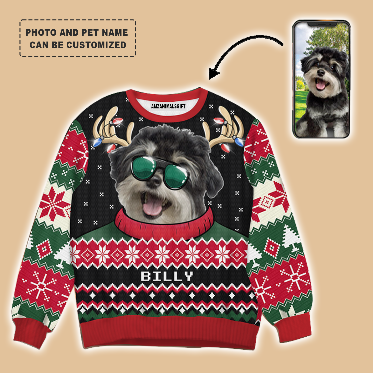 Dog Cat Pet Ugly Christmas Sweater Customized Name And Photo For Men Women On Christmas, New Year, Autumn, Winter
