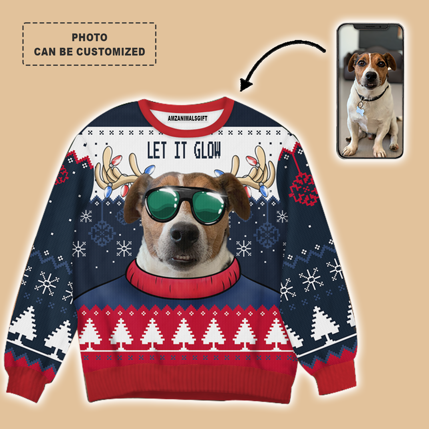 Dog Cat Pet Ugly Christmas Sweater Let It Glow Customized Photo, Outfit For Men Women On Christmas, New Year, Autumn, Winter