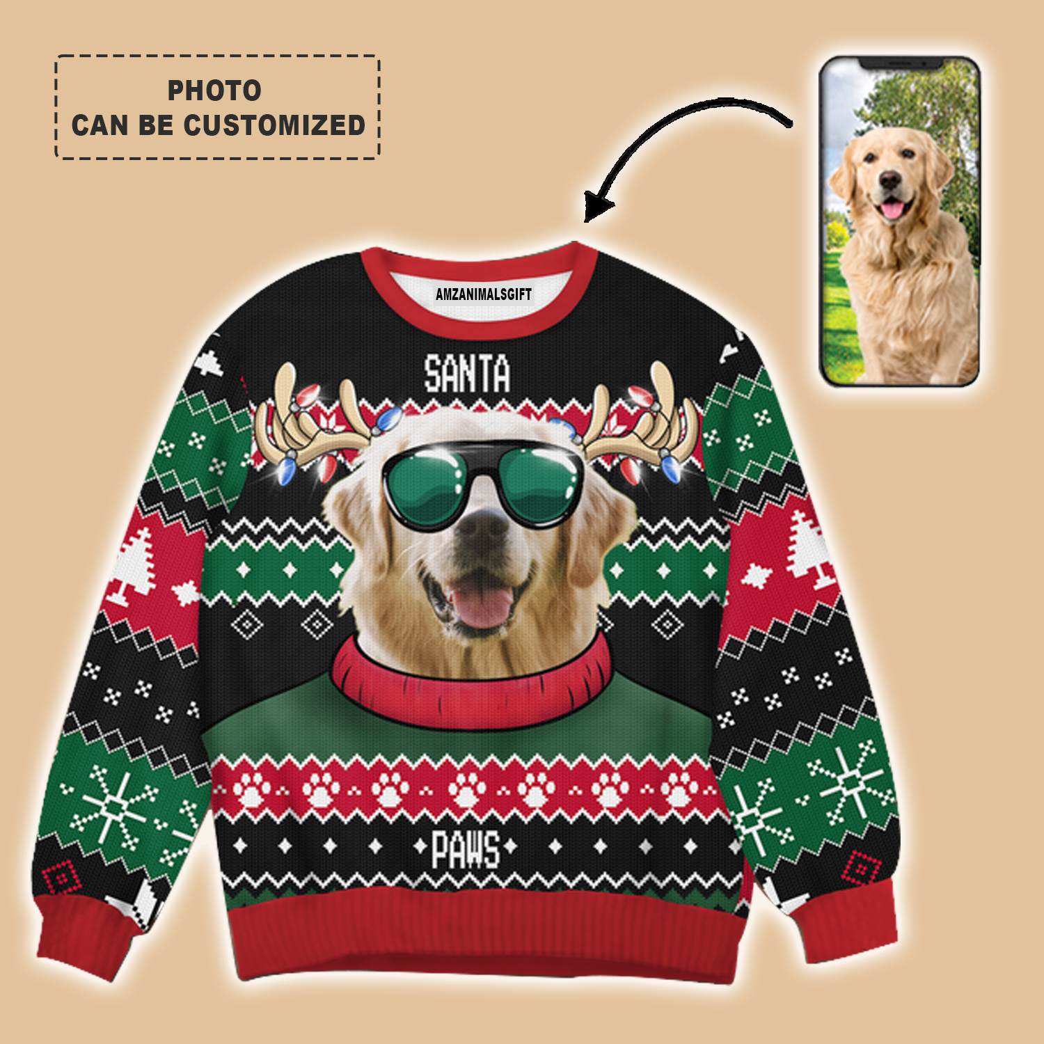 Dog Cat Pet Ugly Christmas Sweater Santa Paws Personalized Photo, Outfit For Men Women On Christmas, New Year, Autumn, Winter
