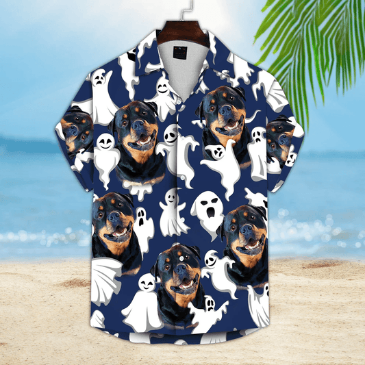 Dog Custom Hawaiian Shirt - Custom Photo Pet Funny Ghost Pattern Navy Personalized Hawaiian Shirt - Perfect Gift For Dog Lovers, Friend, Family - Amzanimalsgift