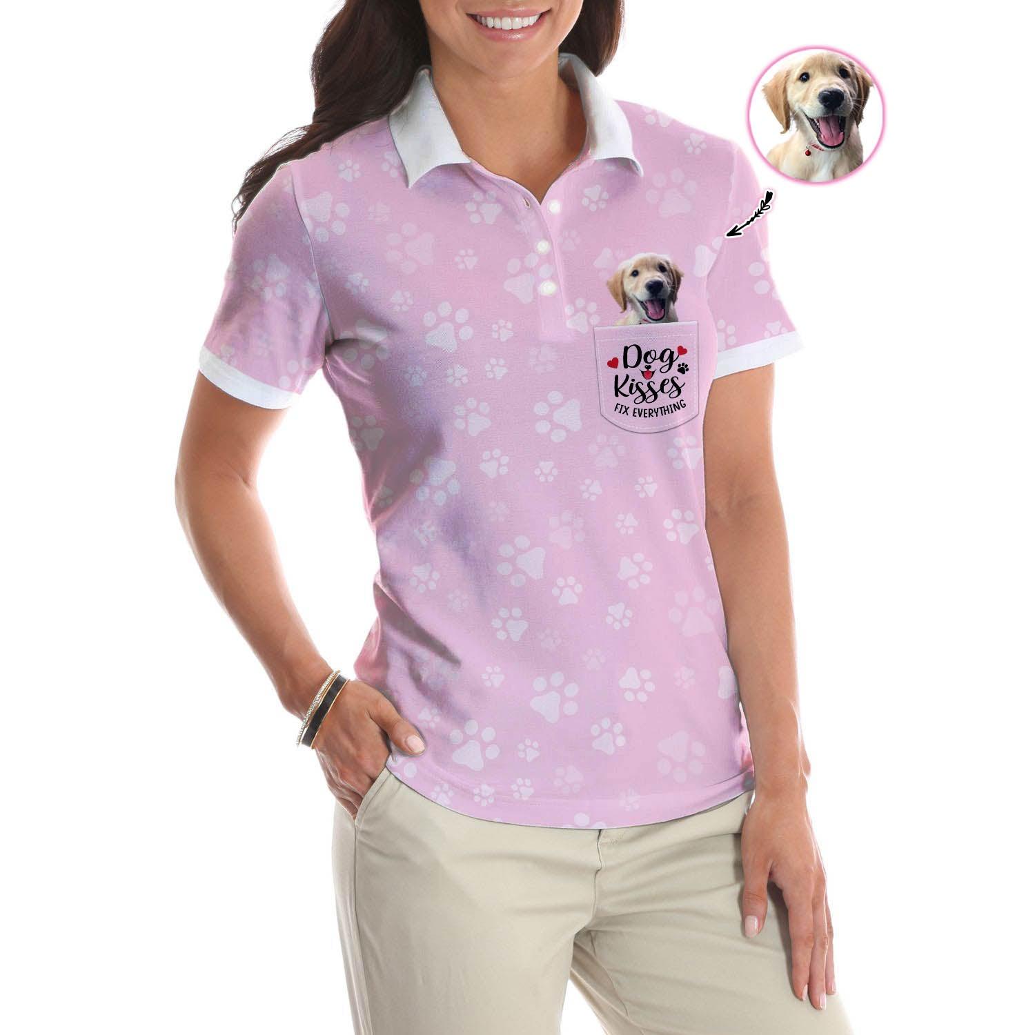 Dog Custom Photo Women Polo Shirt, Dog Kisses Fix Everything, Paws With Pink Personalized Women Polo Shirts, Best Gift For Dog Lovers, Ladies, Dog Mom - Amzanimalsgift