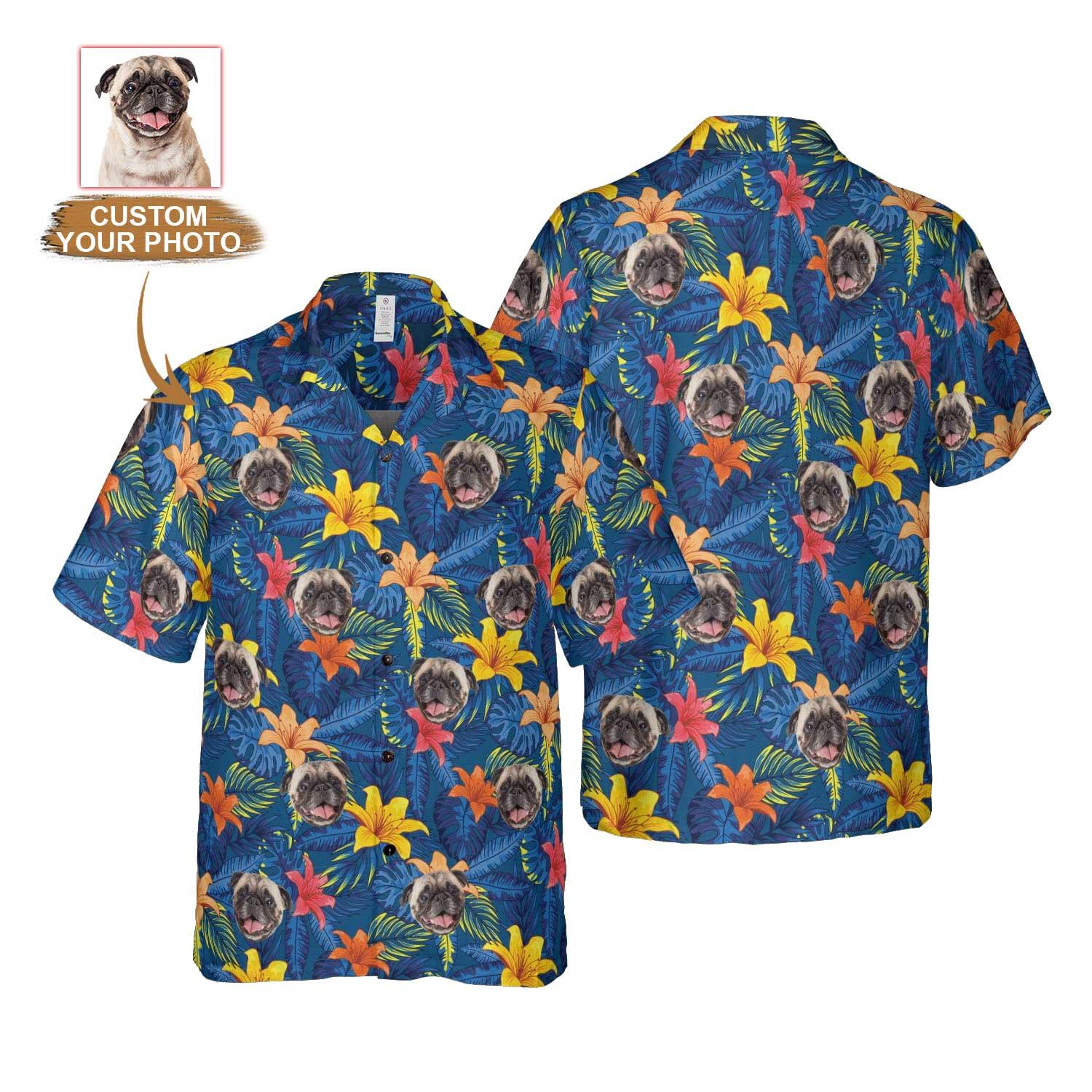 Dog Hawaiian Shirt Custom Photo - Tropical Forest Pattern Hawaiian Shirt - Gift for Dog Lovers, Family, Friends - Amzanimalsgift