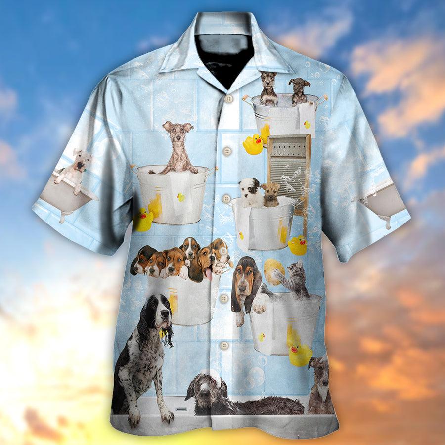 Dog Hawaiian Shirt, Dog Grooming Shower Happy In Bathroom Aloha Hawaiian Shirt For Summer, Dog Hawaiian Shirt Matching For Men Women, Dog Lover, Family - Amzanimalsgift