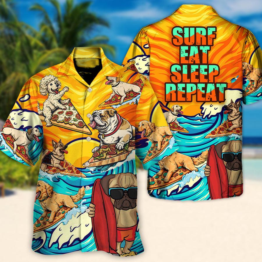 Dog Hawaiian Shirt, Dog Surfing Surf Eat Sleep Repeat Art Style Aloha Hawaiian Shirt For Summer, Dog Beach Hawaiian Shirt, Gift For Men Women, Dog Lovers - Amzanimalsgift