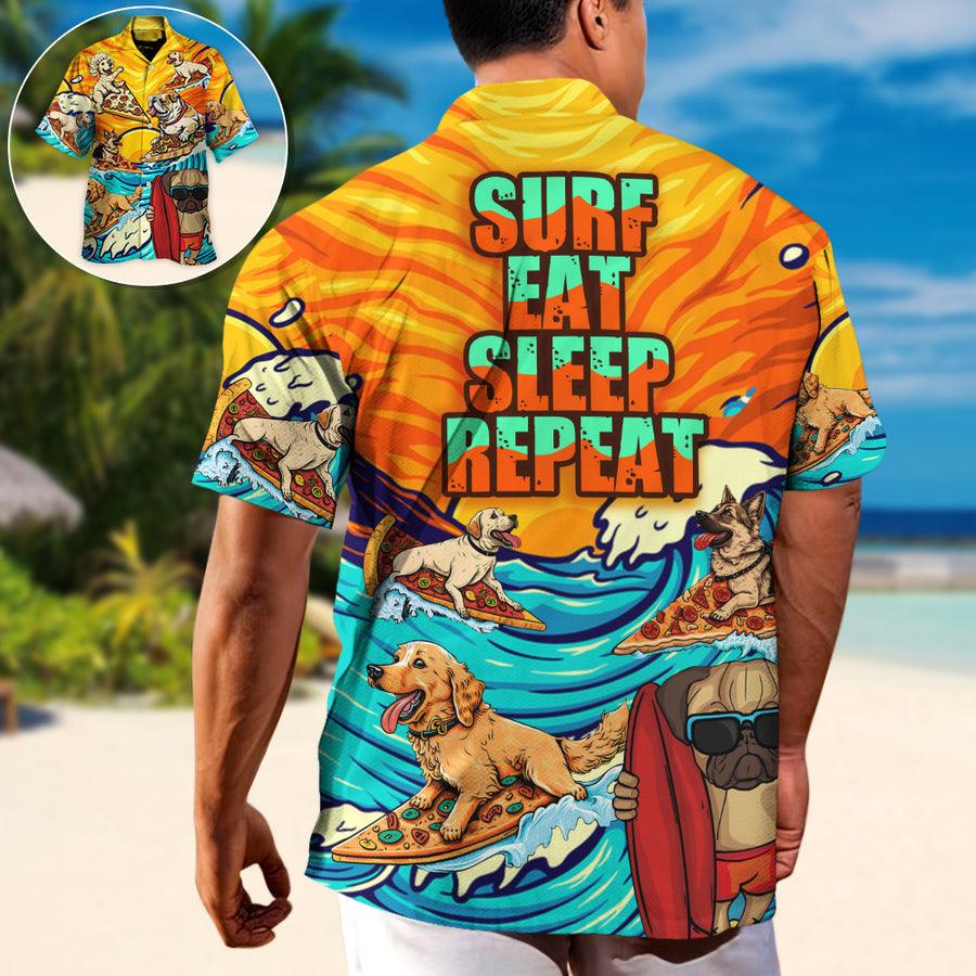 Dog Hawaiian Shirt, Dog Surfing Surf Eat Sleep Repeat Art Style Aloha Hawaiian Shirt For Summer, Dog Beach Hawaiian Shirt, Gift For Men Women, Dog Lovers - Amzanimalsgift