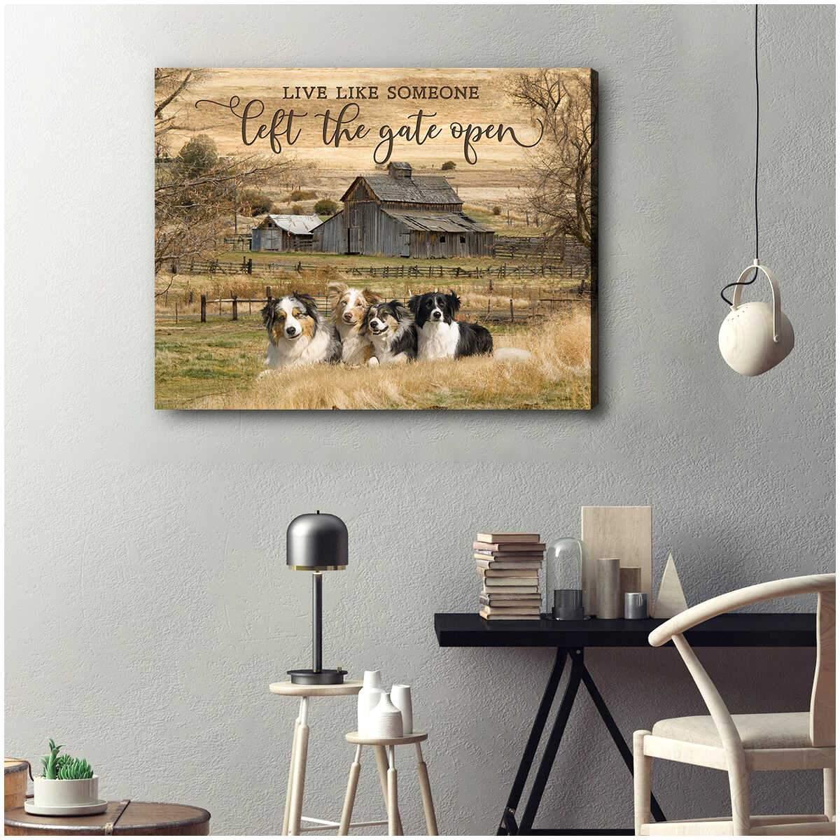 Dog Landscape Canvas - Australian Shepherd And Border Collies In Peace Farmhouse - Best Gift For Farmer, Family, Friends, Dog Lovers, Farm Lovers - Amzanimalsgift