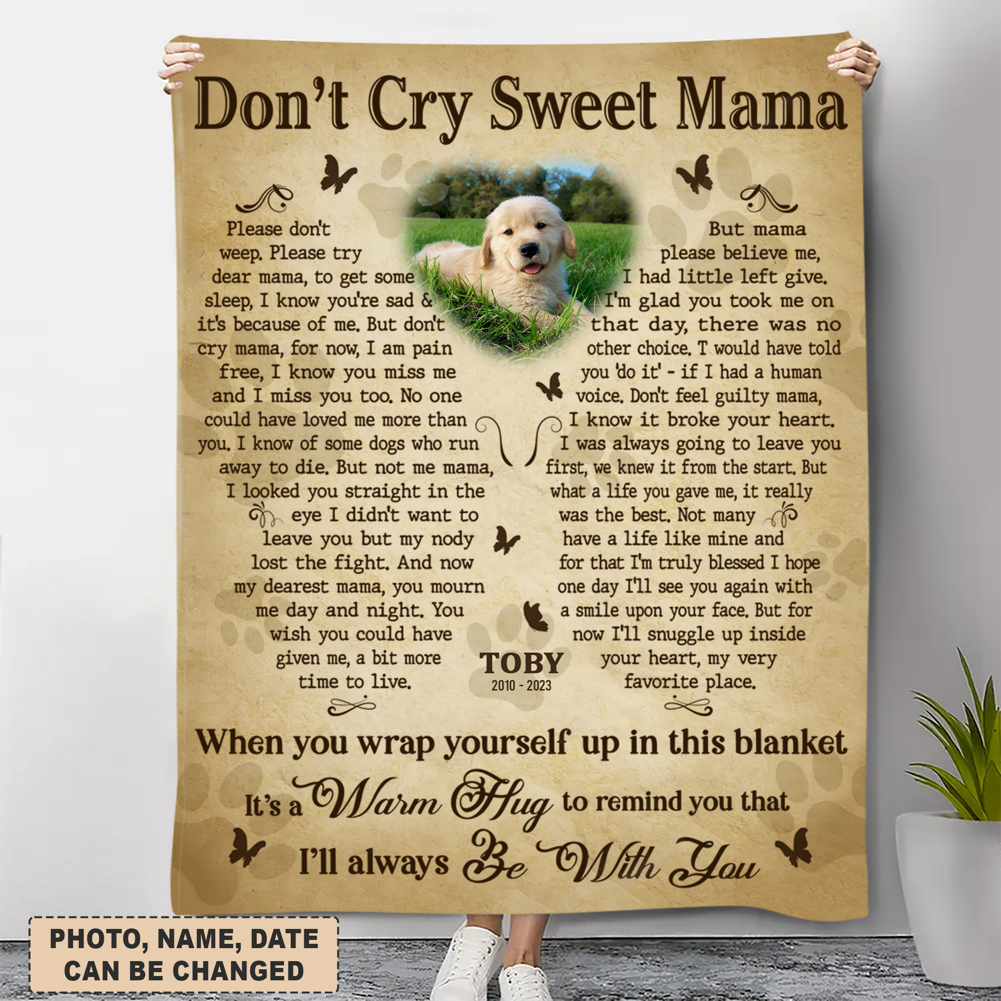 Dog Memorial Blanket With Custom Name Photo Butterfly Pattern Poem Don't Cry Sweet Mama, Remembrance Sympathy Gifts For Loss Of Dog