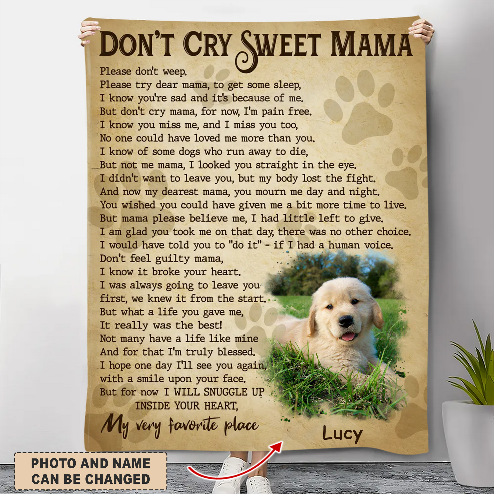 Dog Memorial Blanket With Customized Name And Photo Don't Cry Sweet Mama, Remembrance Sympathy Gifts For Loss Of Dog Pet