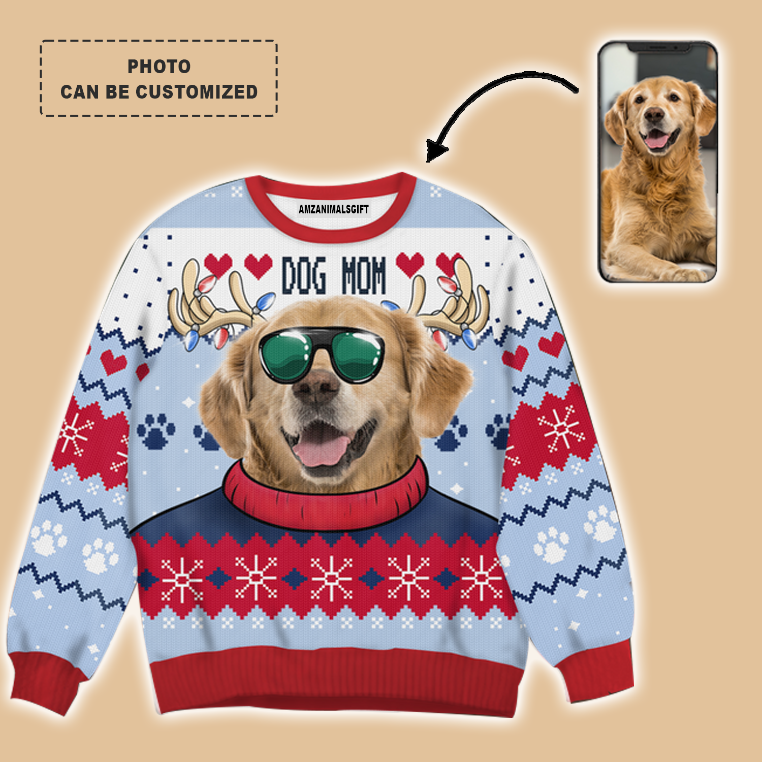 Dog Mom Ugly Christmas Sweater With Customized Photo, Sweater Outfit For Women On Christmas, New Year, Autumn, Winter