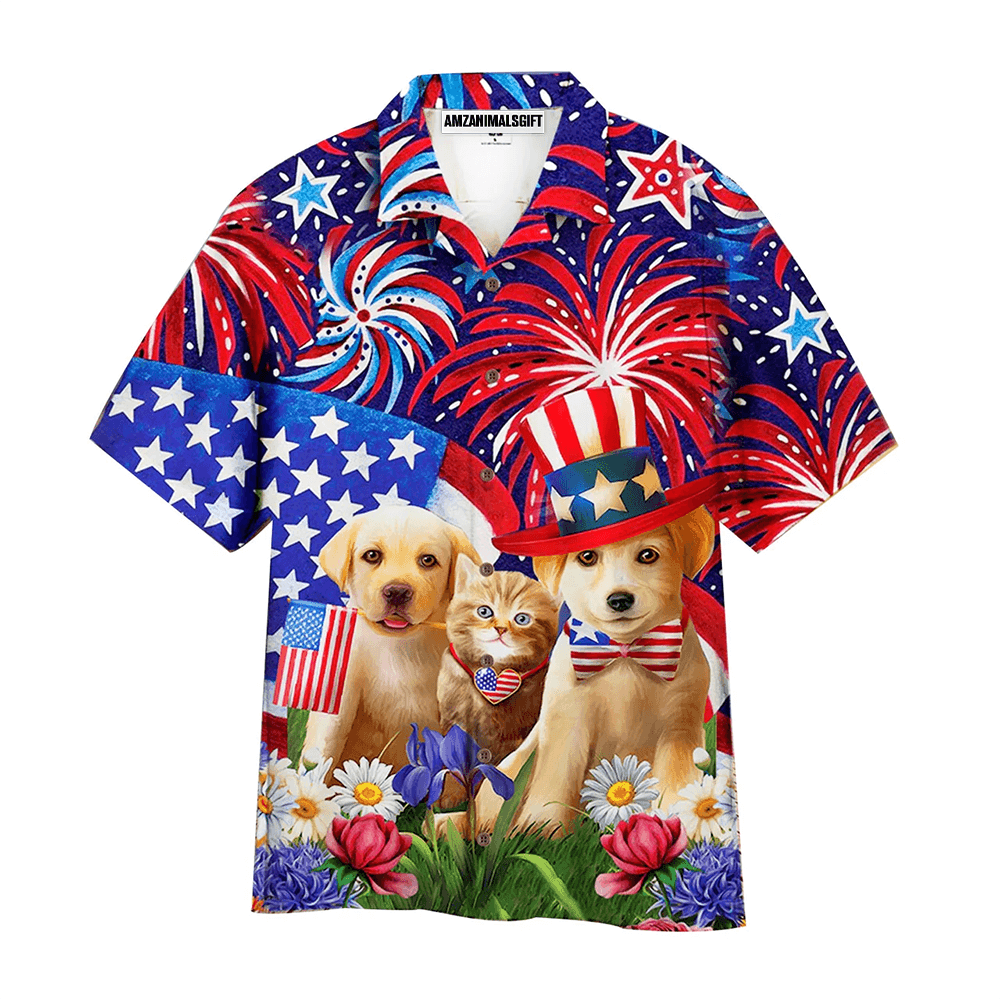 Dogs and Cat American Flag Firework Aloha Hawaiian Shirts For Men Women, 4th Of July Gift For Summer, Friend, Family, Independence Day, Dog Cat Lovers - Amzanimalsgift