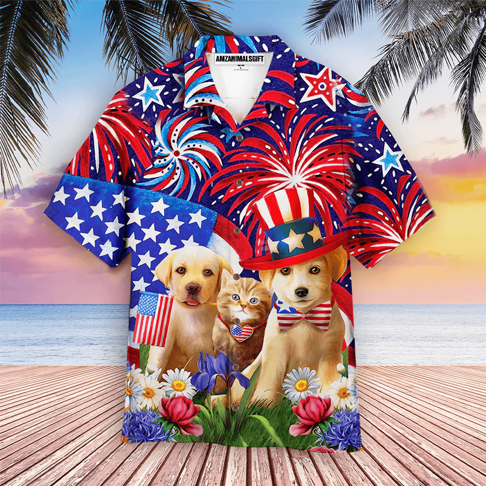 Dogs and Cat American Flag Firework Aloha Hawaiian Shirts For Men Women, 4th Of July Gift For Summer, Friend, Family, Independence Day, Dog Cat Lovers - Amzanimalsgift