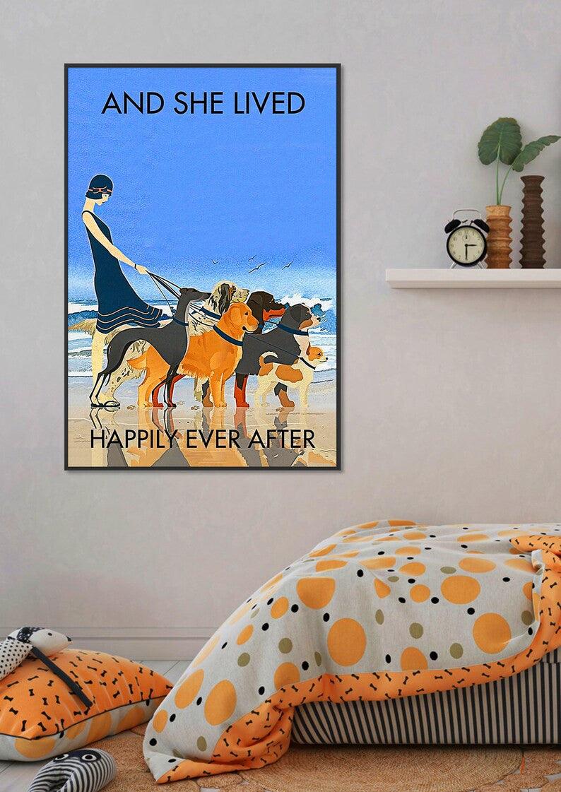 Dogs Portrait Canvas - Dogs And She Lived Happily Ever After Beach Portrait Canvas - Gift For Family, Friends, Dog Lovers, Beach Lovers - Amzanimalsgift
