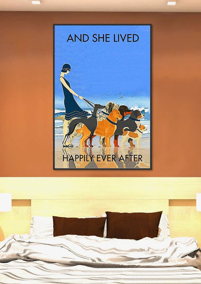 Dogs Portrait Canvas - Dogs And She Lived Happily Ever After Beach Portrait Canvas - Gift For Family, Friends, Dog Lovers, Beach Lovers - Amzanimalsgift