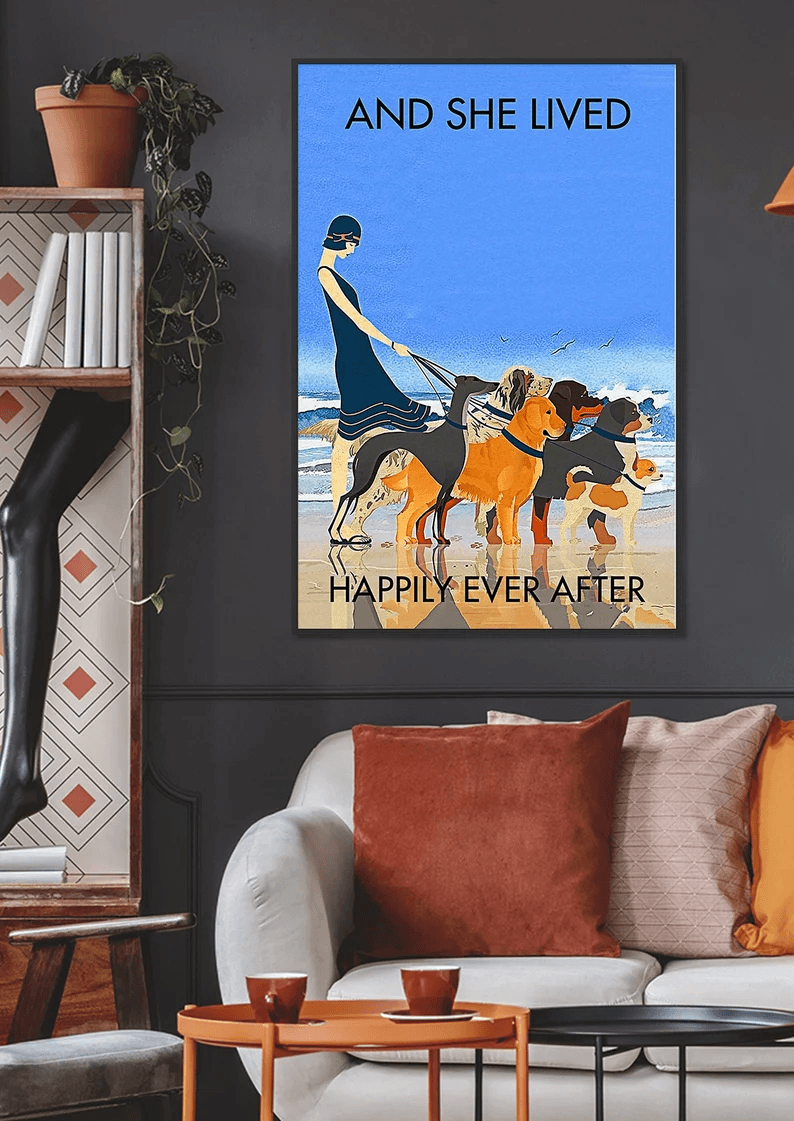 Dogs Portrait Canvas - Dogs And She Lived Happily Ever After Beach Portrait Canvas - Gift For Family, Friends, Dog Lovers, Beach Lovers - Amzanimalsgift